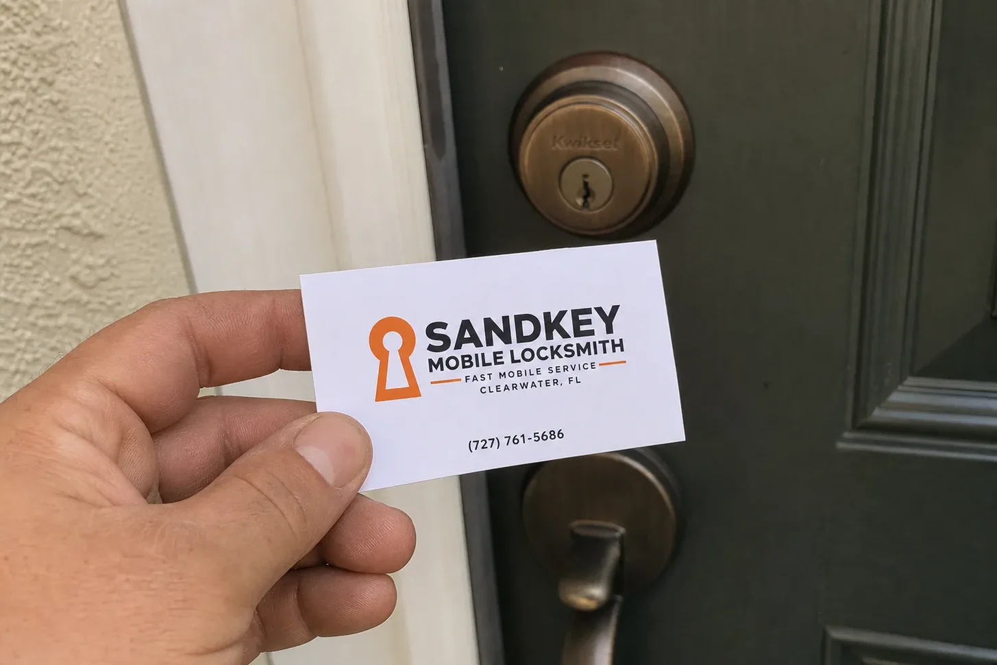 Sandkey Mobile Locksmith business card left at a job in Clearwater, FL